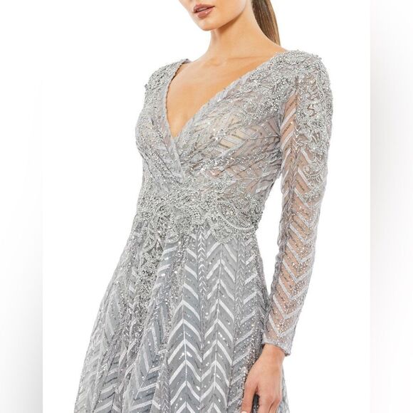 MAC DUGGAL EMBELLISHED ILLUSION LONG SLEEVE WRAP OVER A LINE GOWN/ Size 10 - Picture 4 of 10